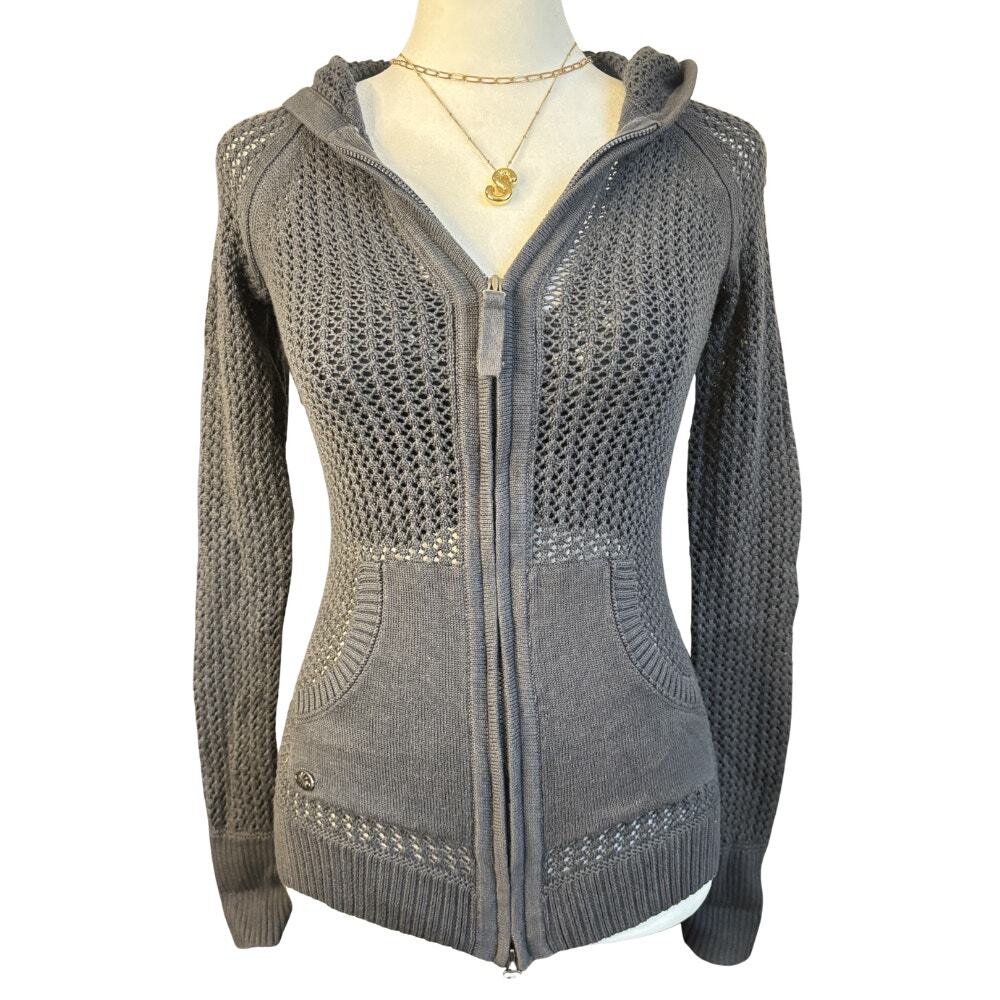 Athleta Open Knit Zip Hoodie Gray XXS Cotton Y2K Crochet
